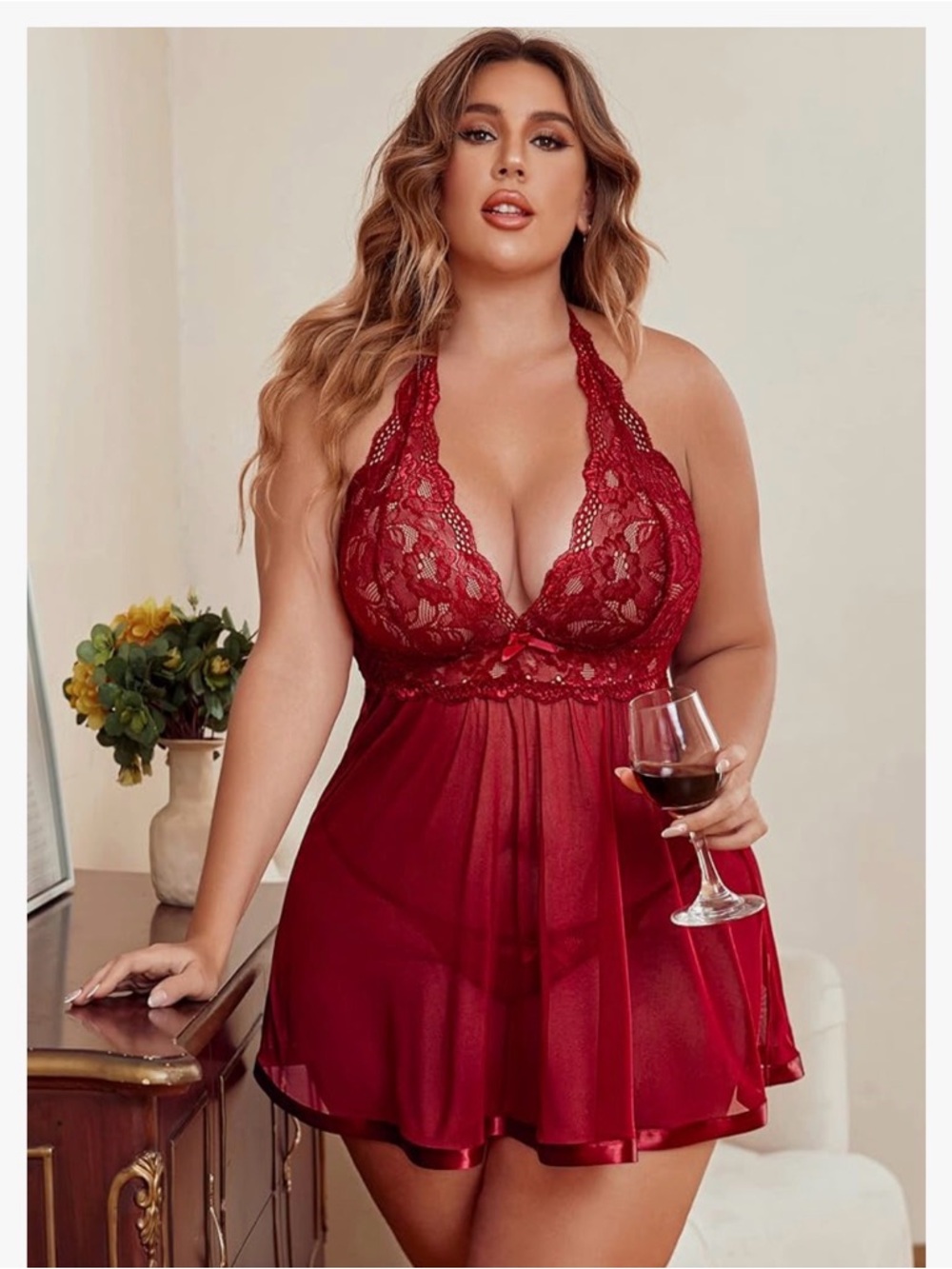 Plus Size Red Lace Halter Babydoll Chemise - Unbranded